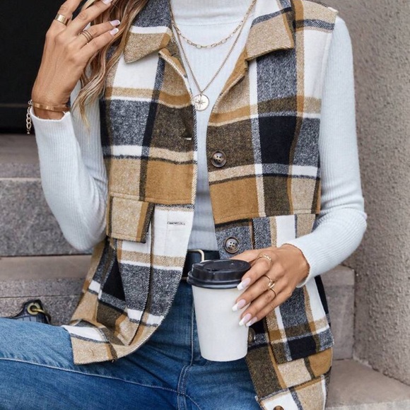 New plaid button down sleeveless vest jacket - Picture 1 of 5